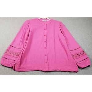 Kim Gravel Top Women Small S Pink Long Sleeve Blouse Button Up Gauze See Through